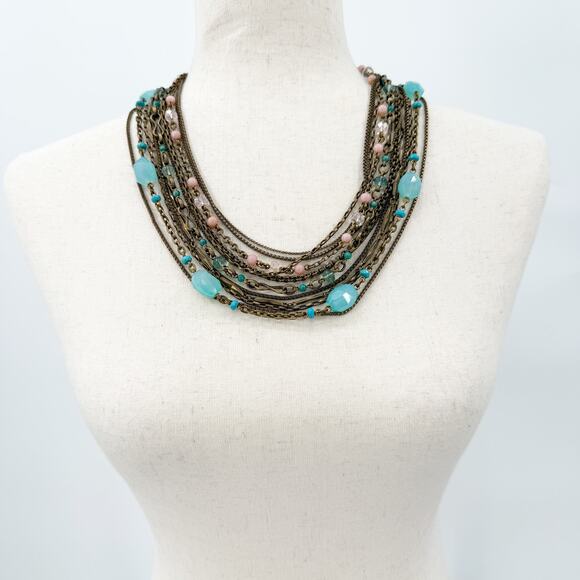 Stephen Dweck multi-12 strand pink & blue Beaded Statement Necklace bronze metal - Picture 5 of 11